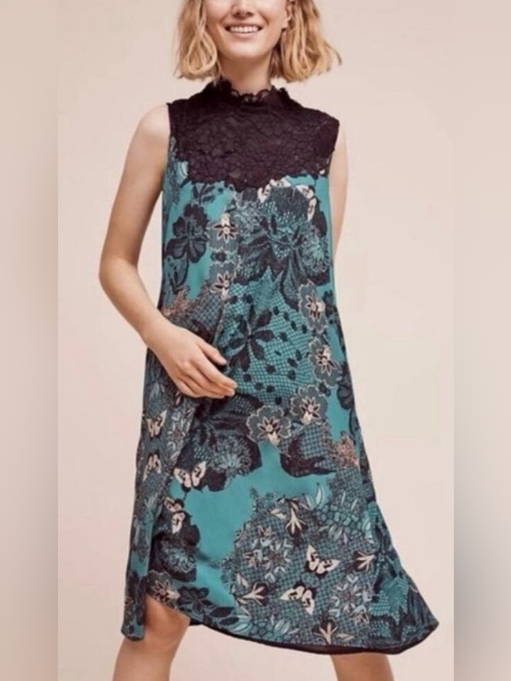 Maeve Black Lace-Yoke Butterfly Lace Print Swing Dress Sleeveless- Teal - SP